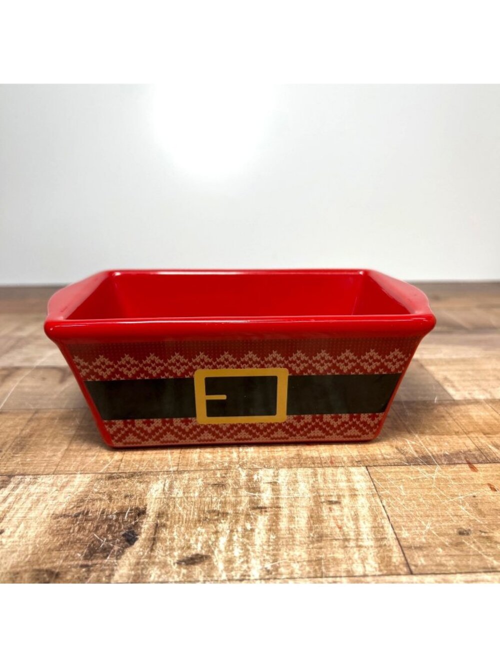 Nantucket Holiday Ceramic Mini Loaf Pan Santa Belt Design Red & Black
